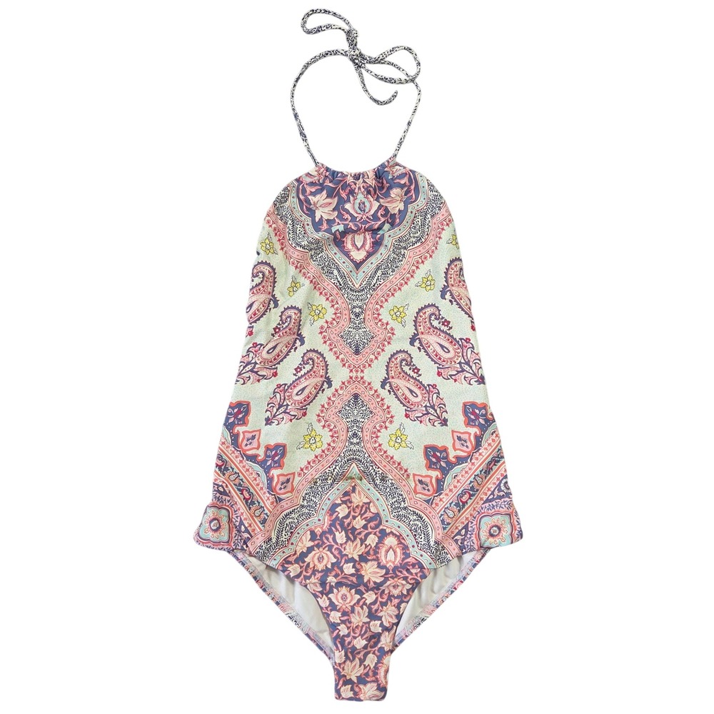 Billabong Womens Paisley Floral Halter One Piece Swimsuit Multicolor Low Back